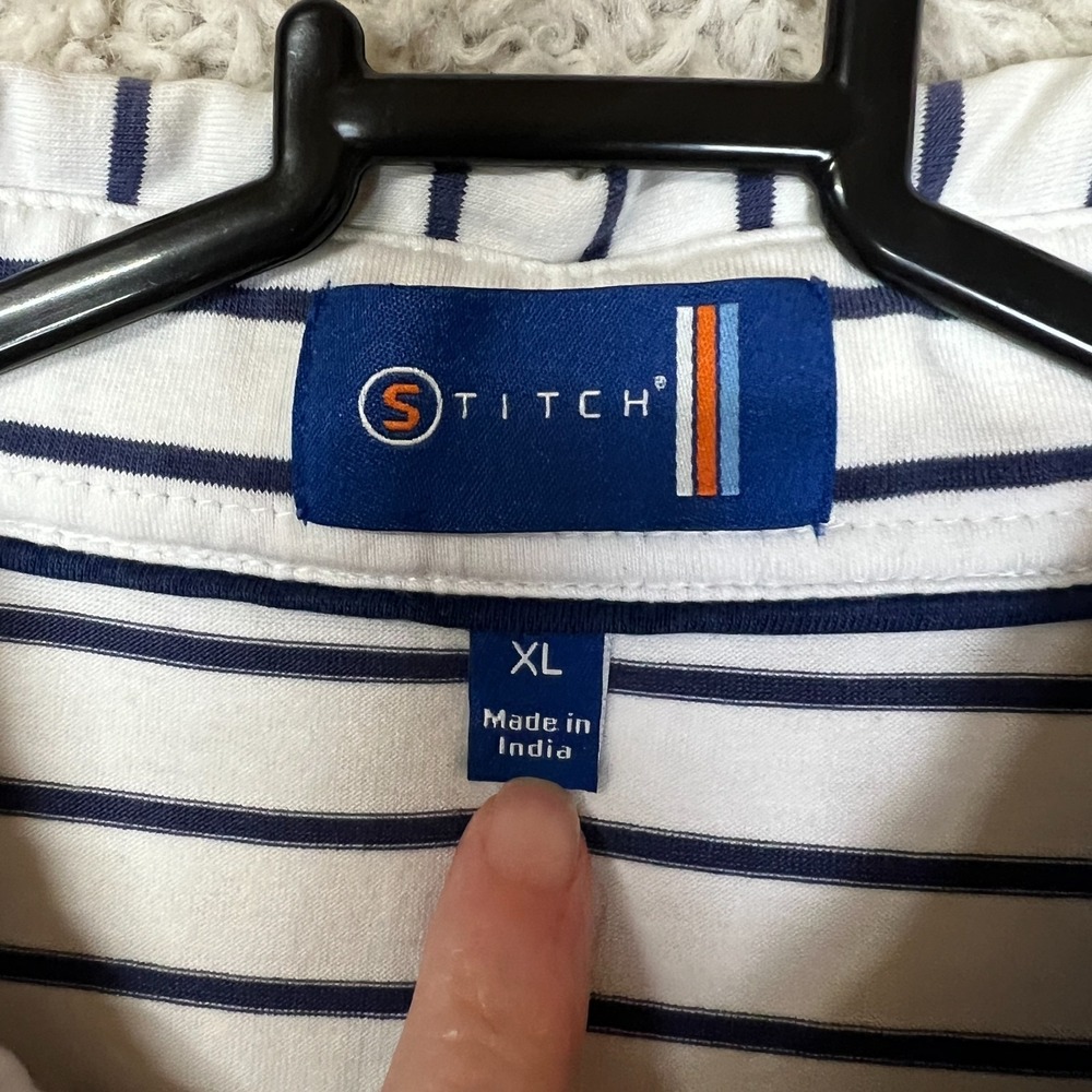 Stitch Cotton Polo Shirt Mens XL White Blue Stripe Stretch Golf Preppy - Picture 2 of 7